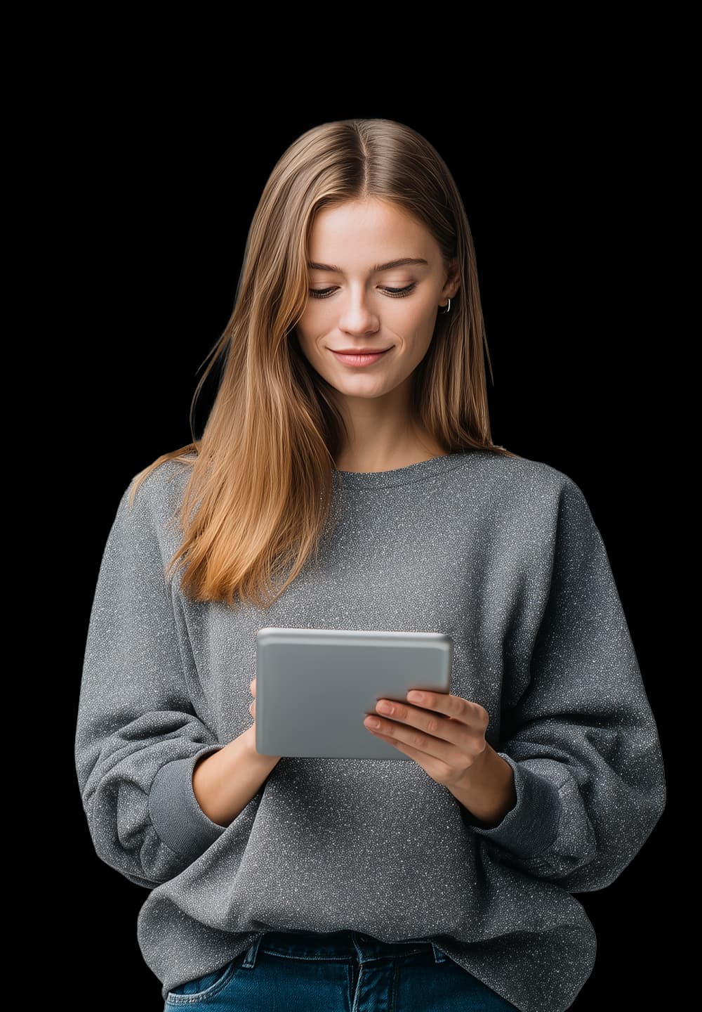 Person smiling and looking at their phone