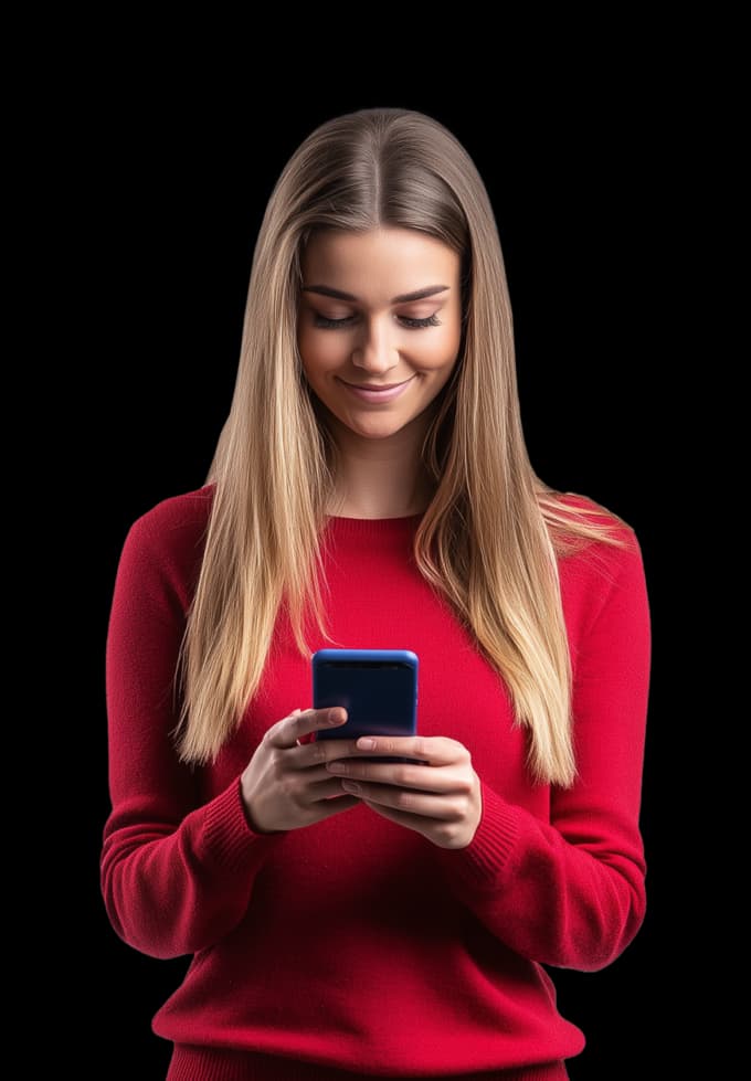 Person smiling and looking at their phone