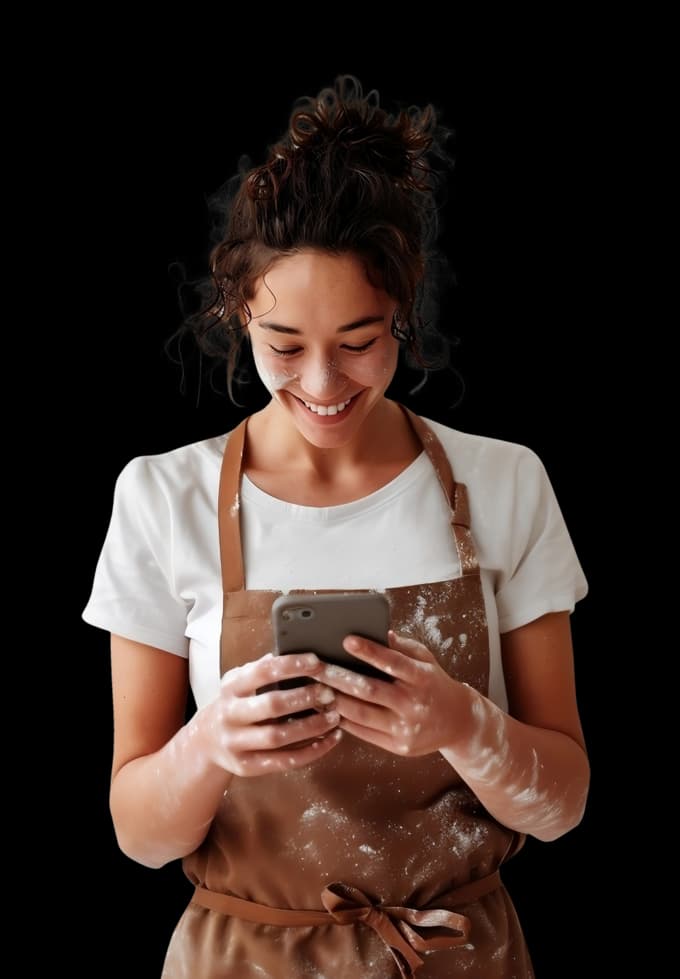 Person smiling and looking at their phone